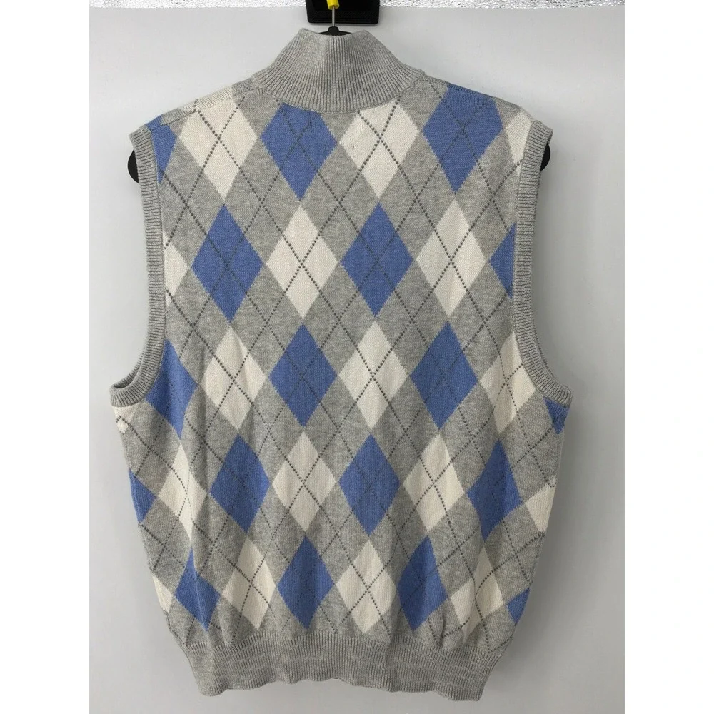 Vintage Polo Golf Sweater Vest Men Medium Grey Argyle Preppy Zip Cashmere Cotton